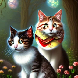 close up on two cats in magical forest, book cover art