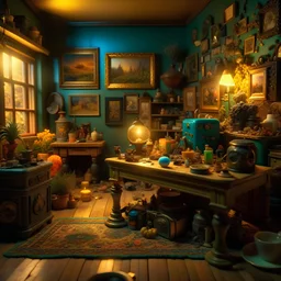 Diorama of old stuff in a room, sharp focus, 8k, 3d, very detailed, volumetric light, grim, fine art, very colorful, ornate, 35mm, F/2.8, insanely detailed and intricate, hypermaximalist, super detailed, decadent