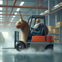 A giant snail in a factory driving around in a forklift, and are in the way for every worker