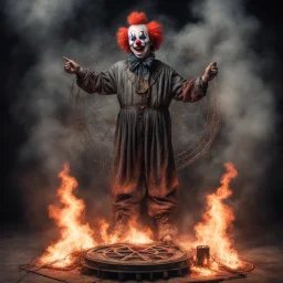 Hyper Realistic clown standing on a burning pentagram doing satanic ritual with cobwebs & old machinery