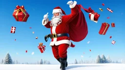 Santa Claus is floating in the wind, holding on, holding his hat with his other hand, gifts are falling out of the bag