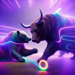 brightly coloured 3D infinity symbol ∞, futuristic, bull attacking and beating a bear in a fight, DSLR with a 80mm lens, set to f/16 and a slow shutter speed of 1/15s, striking, neon, vibrant, chiaroscuro, dramatic, captivating, high-tech, powerful, fantasy, beautiful, octane render, 16k post-production, artstation: award-winning: atmospheric: commanding: fantastical: clarity: ultra quality: striking: brilliance: stunning colors: amazing depth; lens: f/11, 35mm