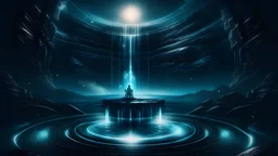 And we are in this universe, part of the great steel, With dreams, like stars, we sailed in the endless space. An otherworldly planet, bathed in the cold glow of distant stars. gloomy landscape with dramatic HD highlights . round Meditation Podium under the waterfall