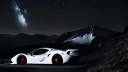 Landscape in the Dark, white Sportscar, night stars sky and road white ferrari supercar sport rims car photo details perfect form far away wallpaper in, mountain roads, perfect twists turns, 4k, ultra resolution, perfect angle sharp wide lens big aperture kodak nikon panorama black dark sky, low light