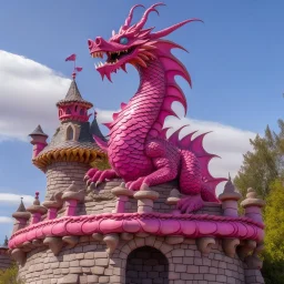 A pink magical dragon on top pf a castle designed in Kuna Molas