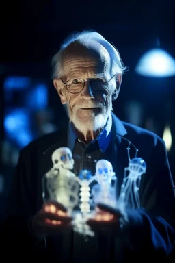 portrait of flashy transparent old man scientist showing of his glowing skeleton, zeiss prime lens, bokeh like f/0.8, tilt-shift lens 8k, high detail, smooth render, down-light, unreal engine, prize winning