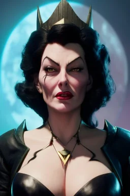 Ava Gardner as evil queen in black leather, busty, cleavage, curvy, angry, stern look. character design by cory loftis, fenghua zhong, ryohei hase, ismail inceoglu and ruan jia. unreal engine 5, artistic lighting, highly detailed, photorealistic, fantasy