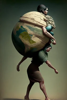 a woman carrying the weight of the earth on her back like Atlas