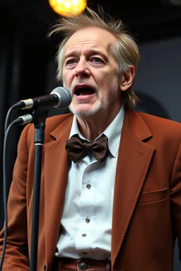 an old performer from a punk band, now he is wearing a brown suit and boring clothes