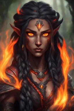 Fire Eladrin druid female. Hair is long and bright black part glows. Part of hair is braided and fire comes out from it. Big bright red eyes. Is generating fire with her hands and fire are coming our off them . Skin color is dark. Has a huge scar on face.