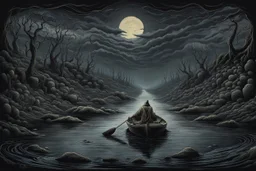 on the dark river in a boat the crepy boatman is the death goes for the souls of the dead people, surreal style, dark colors, strange landscape, detailed, sinister, depressive, surreal style crepy stunning