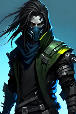 male cyberpunk, long messy hair, futuristic assassin, mask over his mouth, outfit has blue as a secondary color and green as a tertiary color. Yellow eyes