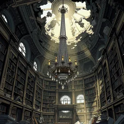 Comic /anime Art: poignant scene of a once-majestic library, now a study in collapse. The grandeur of the space is evident from the remnants of ornate moldings and towering bookshelves that have succumbed to the weight of time and decay. The centerpiece is a massive chandelier, suspended precariously from the ceiling, which is partially caved in, allowing shards of sunlight to pierce through the dust-laden air. The chandelier's crystals hang at odd angles, reflecting the chaos