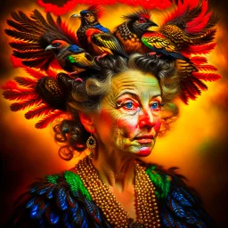 #Leonardai Starling , photorealistic ,pop surreal , lowbrow art ,enchanting portrait of a beautiful mature woman,representing a starling , feathers in her hair ,black and vibrant colors , sweet , magical , cosy warm light , whimsical, alluring , dazzling ,, expressive