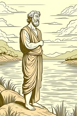A greek philosopher standing next to a river thinking about the world