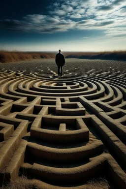 A man enters a labyrinth and the background sky draws the shape of a skull