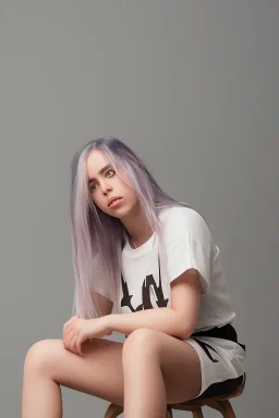 Billie Eilish, sitting on a chair, Black Short Dress, high detail, realistic, 8k