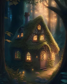 A cozy, inviting cottage nestled in the heart of a lush, enchanted forest, with a warm glow emanating from its windows and a sense of comforting magic in the air.