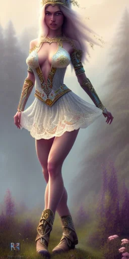 A long shot, Cute elven female adventurer with ears out, dressed in a light sundress, wearing boots on paves, posing frontally, in style of Cedric Peyravernay Art, microdetails, ultradetailed --ar 2:3 --beta --upbeta --upbeta