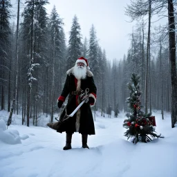 In the style of "Rare Exports: A Christmas Tale," [Finland 2010] we find ourselves in the icy wilderness of Finland, where the cold winds howl through the snow-covered landscape. The skeleton Santa Claus stands tall and eerie, a figure of dread rather than joy, as he navigates the crypt filled with undead carolers, haunted gifts, and a ghostly Christmas tree.