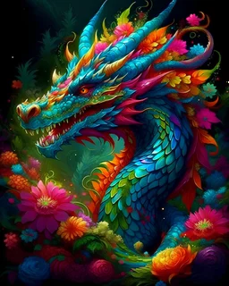 Beautiful dragon, surrounded by flowers, colourful digital art, ai art, fantasy, mythology