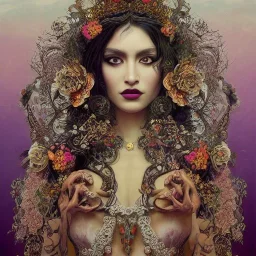 portrait,"Insanely detailed photograph of a beautiful Queen of the Dark Goddess,gorgeous clean face,intricate mask, highly intricate dress,intricately designed colorful flowers in hair,elegant, highly detailed hair, digital painting, artstation, concept art, smooth, sharp focus, illustration, art by artgerm and greg rutkowski and alphonse mucha, 8 k,looking downward,album cover art,fantasy