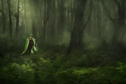 green robed elf in forest, highly detailed, 8k, atmospheric lighting, trending on artstation