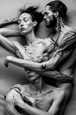 Multiple entanglements between a twisted thin piece of cloth as part of many twisted and spiraling branches disappearing into the distant mist, epic photo, 2 beautiful lovers are embracing, stunning tattoos that intwine with eachothers tattoos,sharp on highly detailed skin with wrinkles and high contrast, photorealistic, explosion of extacy,4K, 3D, realism, hyperrealism, detail, good lighting, detailed texture, modern photography style, 3D, 4D, 4K