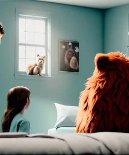 Realistic bedroom scene. big furry monster sitting next to human girl from behind. Wes Anderson style. Red hair, smile, happy, gradient color fog. highly detailed, concept art, unreal engine 5, ray tracing, RTX, lumen lighting, ultra detail, volumetric lighting, 3d, finely drawn, high definition, high resolution.