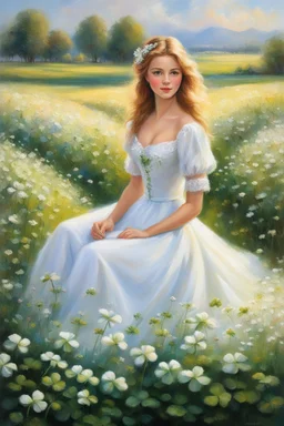 A beautiful girl in a white dress sits surrounded by a field of clover. Masterpiece, best quality, oil pastel style, oil pastel painting, inspired by Thomas Kinkade, beautiful details, painted by Willem Haenraets, high quality, 4k