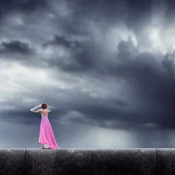 A princess standing. Epic scale. Heavy cold rain. Thunderstorm. An engineer looking up. Futuristic scenary. Gray mist.