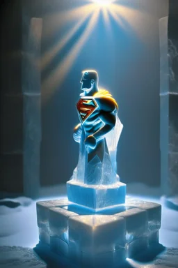 superman chess piece buildt of by yellow stones misty trending, depth of field, backlit, in bright lit ice wall labyrinth