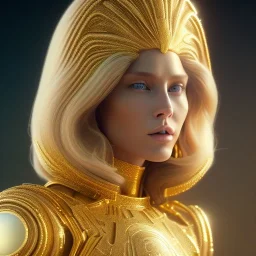 beautiful cosmic golden woman, long blond hair, nice smiling, magic glamour make up, delicate colors, beautiful glamour galactic golden dress, ultra sharp focus, 8k, unreal engine 5, extremely sharp detail, light effect, soft light atmosphere of a spaceship, smooth, full of details, face in front, complete vision of body