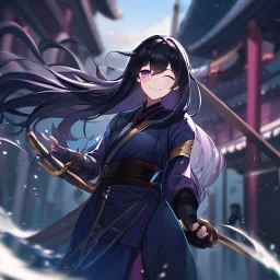 Clear focus,High resolution,High quality, Ninja, Smiling, Eyes closed, Black long hair flowing with the wind, Purple eyes