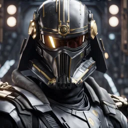 star wars bald male corellian pilot wearing pearlescent black and gunmetal grey First Order special forces heavy assault stealth commando armor and helmet with gold trim inside the jedi temple, hyperdetailed, dynamic lighting, hyperdetailed background, 8k resolution, volumetric lighting, light skin, fully symmetric details