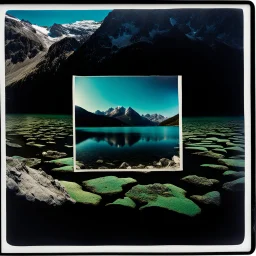 Sublime foto close-up polaroid ad alta definizione di una montagna rocciosa, un lago, surreale, colors, dadaism, sublime, splimapys nero, cielo nero, acqua nera riflette un sole nero, macabre piante circondano il lago, alghe, hypermaximalist, strangeness, intricate, hypnotic, obsessive, 8k, deep 3d field, very accentuated details of the rocks and shtn, eerie, artistic photo, shot on Hasselblad, large format film, medium format film