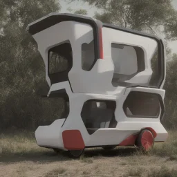 An electric recreational vehicle, an autonomous concept vehicle, which turns from a vehicle into a small house by inflating