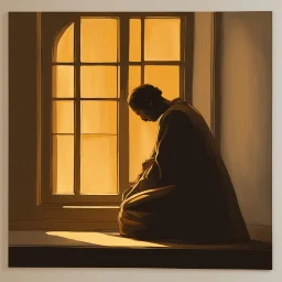 A single figure kneels in prayer, bathed in a warm, golden light spilling through a window. The figure's features are obscured, focusing on the posture of surrender and a subtle glow around the heart area.