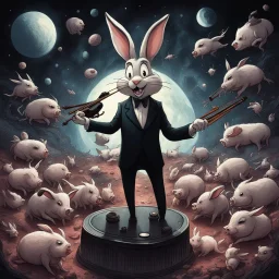 dark colours bugs bunny being a composer piano violin and is surrounded by swarm pig pig swinewasp swine pigpen pigsty on an diffrent planet cosmos lovecraft