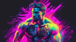 Hyper Realistic Glitched Sketch of Muscular Handsome Male Hip Hop Artist on a neon paper with dark futuristic background