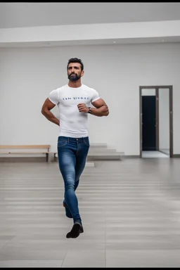 A full-body shot of an azeri man in jean and top