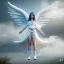 An angel with white wings, I am a bright nimbus, in the sky, ultra graphics,RTX, TXXA, SSAO, High quality,hyperrealistic, HDR,4k