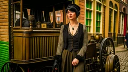 body portrait of a gothic woman with a black bob with a full fringe hairstyle, dressed in brown leather trousers, waistcoat, and gloves, in a Victorian street next to a steam carriage, full colour