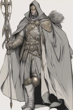 A commander with a black cloak and a long coat with long combat boots and a long spear with his Helmet is golden under his cloak