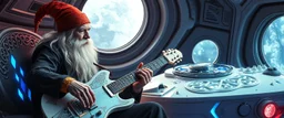 gandalf as young guitar acoustic banger performance, instrumental, celtic, georgian, gypsy jazz, back on track portrait of space captain gnome lich, , priest psycho, in cockpit, celtic knot hollow tube transparent core ornate indented space ship, shiny bright mega ship flourescent white blue like bubble gum with a few big windows and decks,