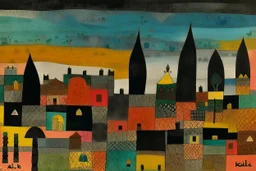A black village in a shadow realm designed in Moroccan rug art painted by Paul Klee