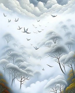 White foggy treetops with birds painted by Frank Wilson