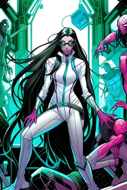 marvel comic panel, mujer de cabello largo,cabello color negro, de piel blanca,ojos verdes,con piercing en labio y orejas, con traje de Spider-Man cyberpunk color blanco con rosado y la araña del pecho de color azul neón, cuerpo completo de aspecto amable y adorable