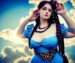 Very sensual gorgeous curvy young white woman brunette hair maiden dressed in blue posing sensually with plaits, and with a skull in her hand, background of ancient marble Roman arcs heavenly sunshine beams divine bright soft focus holy in the clouds steampunk engine steampunk engine.