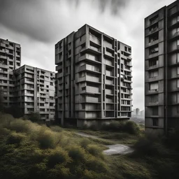 Brutalist flat in the outskirts of a big city, schizophrenic, paranoic, strong texture, Max Ernst style